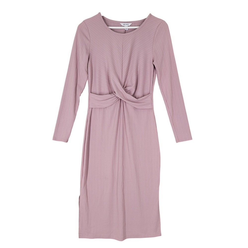 Nine West Twist Front Ribbed Midi Dress Womens Small Pink Long Sleeve Slit RP114